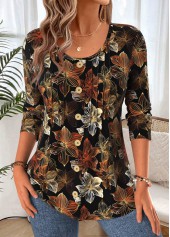 Floral Print Curved Hem Black Long Sleeve T Shirt