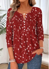 Floral Print Tuck Stitch Wine Red T Shirt