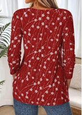 Floral Print Tuck Stitch Wine Red T Shirt