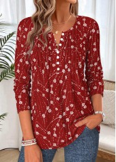 Floral Print Tuck Stitch Wine Red T Shirt