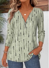 Geometric Print Curved Hem Sage Green T Shirt
