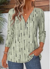 Geometric Print Curved Hem Sage Green T Shirt