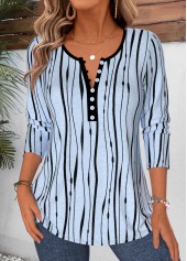 Striped Curved Hem Light Blue Long Sleeve T Shirt