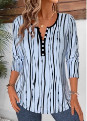 Striped Curved Hem Light Blue Long Sleeve T Shirt
