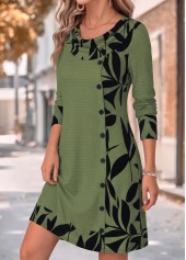 Leaf Print Patchwork Sage Green Short Long Sleeve Dress