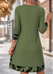 Leaf Print Patchwork Sage Green Short Long Sleeve Dress