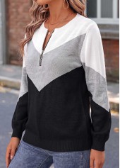 Geometric Print Patchwork Black Long Sleeve Sweater