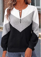 Geometric Print Patchwork Black Long Sleeve Sweater