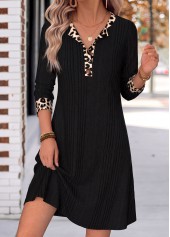 Leopard Patchwork Black Short Long Sleeve Split Neck Dress