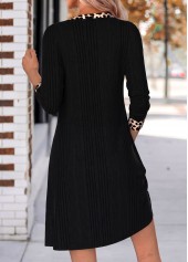 Leopard Patchwork Black Short Long Sleeve Split Neck Dress