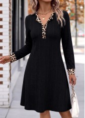 Leopard Patchwork Black Short Long Sleeve Split Neck Dress