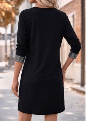 Patchwork Black Short Long Sleeve Round Neck Dress