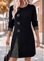 Patchwork Black Short Long Sleeve Round Neck Dress