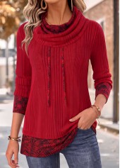 Leaf Print Fake 2in1 Red Long Sleeve Sweatshirt