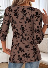 Floral Print Patchwork Dark Coffee Long Sleeve T Shirt