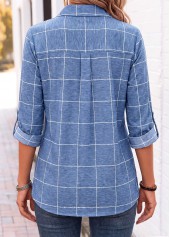Plaid Tummy Coverage Denim Blue 3/4 Sleeve Shirt