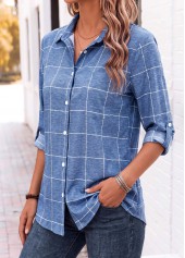 Plaid Tummy Coverage Denim Blue 3/4 Sleeve Shirt