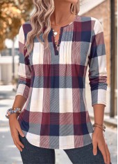 Plaid Tuck Stitch Multi Color Long Sleeve Blouse