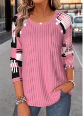 Geometric Print Button Pink Long Sleeve T Shirt