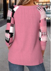 Geometric Print Button Pink Long Sleeve T Shirt