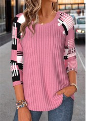 Geometric Print Button Pink Long Sleeve T Shirt