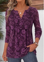 Floral Print Curved Hem Dark Reddish Purple T Shirt