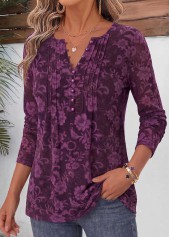 Floral Print Curved Hem Dark Reddish Purple T Shirt