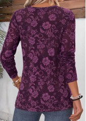 Floral Print Curved Hem Dark Reddish Purple T Shirt