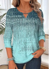 Geometric Print Shirred Mint Green 3/4 Sleeve Blouse