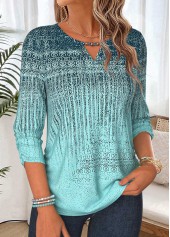 Geometric Print Shirred Mint Green 3/4 Sleeve Blouse