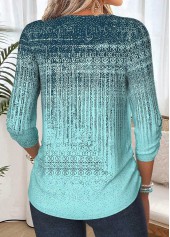 Geometric Print Shirred Mint Green 3/4 Sleeve Blouse