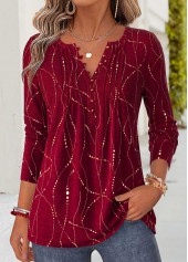 Geometric Print Curved Hem Red Long Sleeve T Shirt