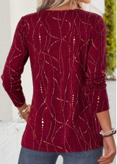 Geometric Print Curved Hem Red Long Sleeve T Shirt