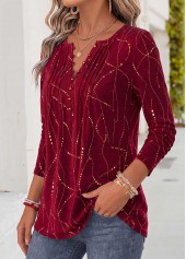 Geometric Print Curved Hem Red Long Sleeve T Shirt