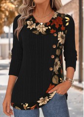 Floral Print Patchwork Black Long Sleeve T Shirt