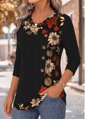 Floral Print Patchwork Black Long Sleeve T Shirt