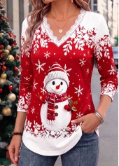 Christmas Snowman Print Patchwork Red Long Sleeve T Shirt