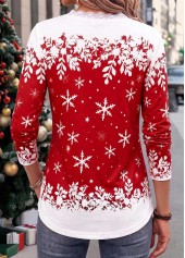 Christmas Snowman Print Patchwork Red Long Sleeve T Shirt