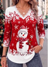 Christmas Snowman Print Patchwork Red Long Sleeve T Shirt