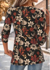Floral Print Patchwork Multi Color Long Sleeve T Shirt