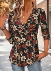 Floral Print Patchwork Multi Color Long Sleeve T Shirt