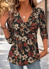 Floral Print Patchwork Multi Color Long Sleeve T Shirt