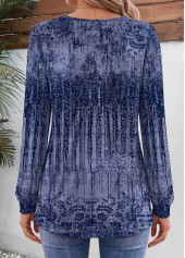 Tribal Print Tuck Stitch Blue Long Sleeve T Shirt