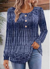 Tribal Print Tuck Stitch Blue Long Sleeve T Shirt