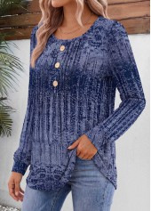 Tribal Print Tuck Stitch Blue Long Sleeve T Shirt