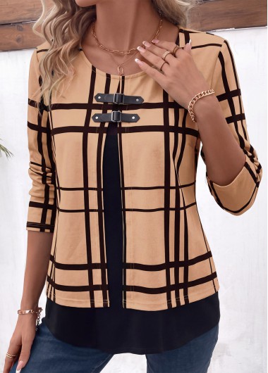 Plaid Layered Light Coffee Fake Two Piece Twinset