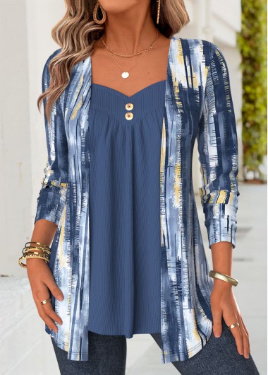 Geometric Print Blue Long Sleeve Fake Two Piece Twinset