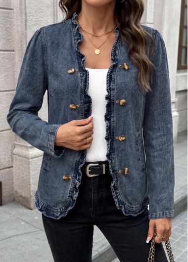 Double Side Pockets Blue Long Sleeve Coat