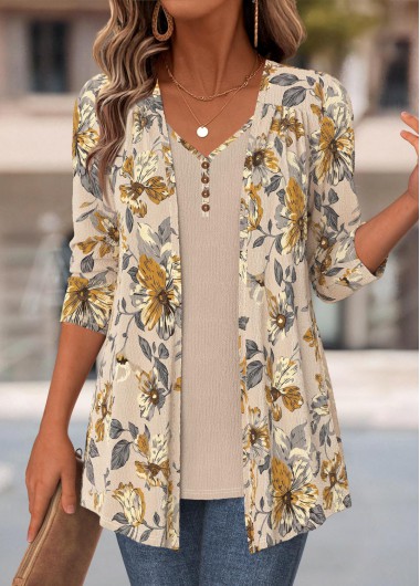 Floral Print Light Camel Fake Two Piece Twinset
