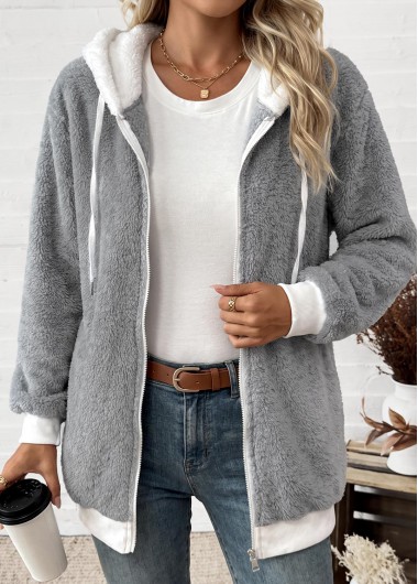 Lace Up Light Grey Long Sleeve Hooded Coat